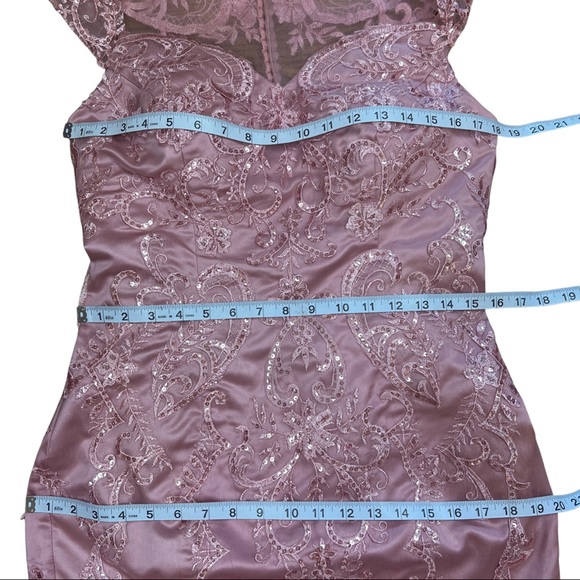 Long Dusty Rose Formal, Evening Gown, Mermaid fit with Tooling, lace & sequins - Picture 15 of 17